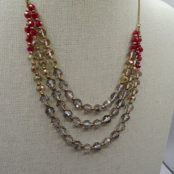 Loft Multi Strand Beaded Red and Clear Gold Tone Necklace - Picture 3 of 10
